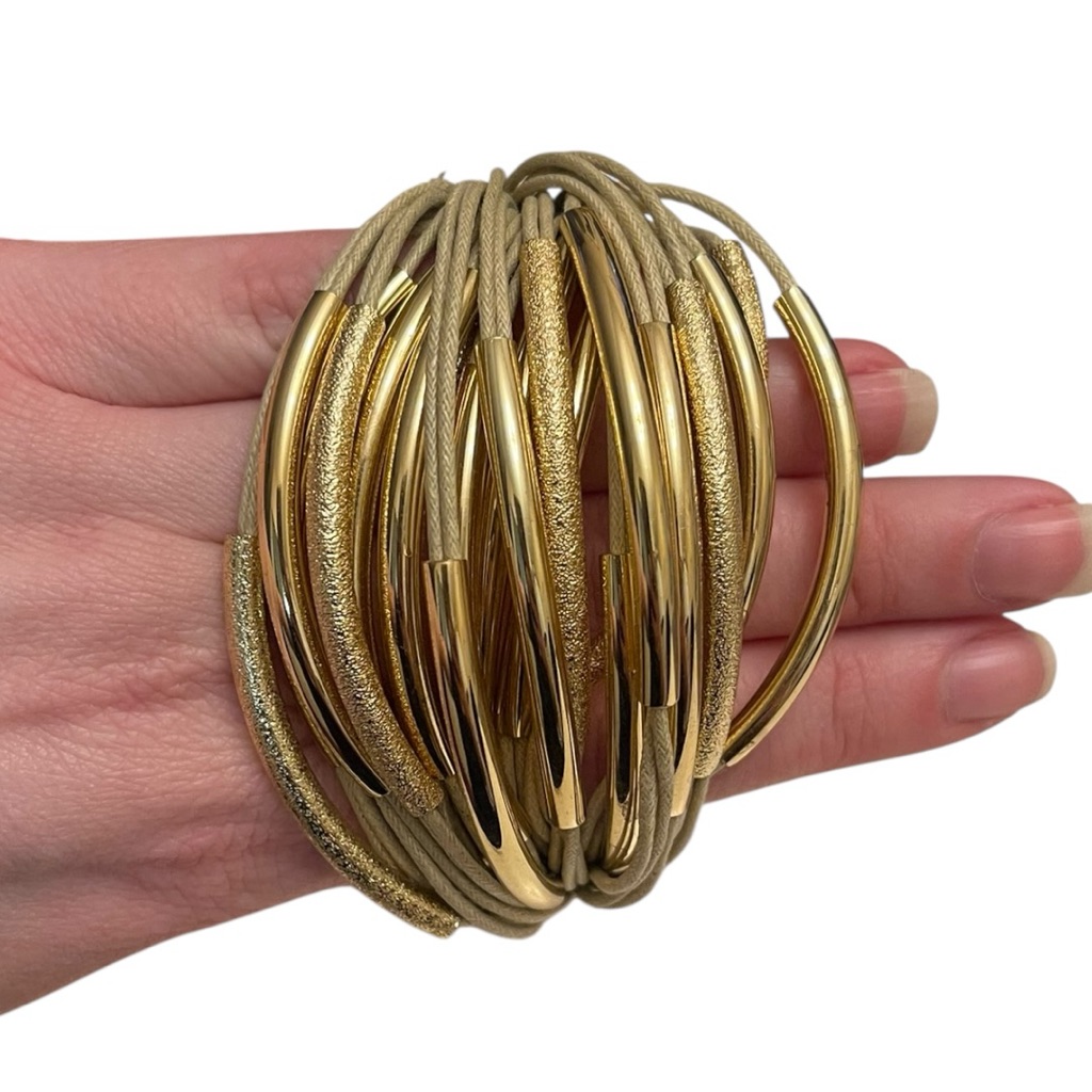 Saachi Gold Beige Multi-Strand Bracelet - Beige Cord With Gold Tube Beads 17$